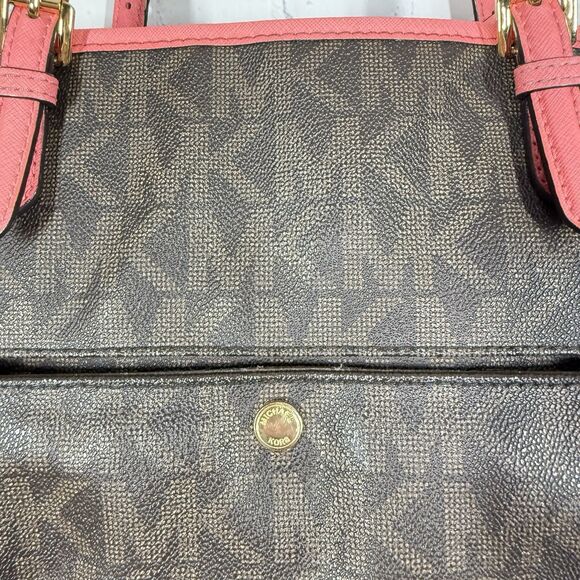 Michael Kors Tore Shoulder Bag Women Monogram MK logo Brown Pink Medium Jet Set - Picture 10 of 16
